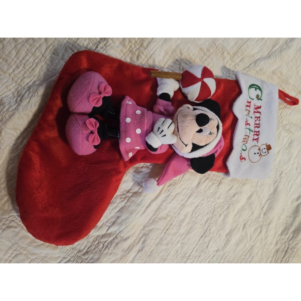 Vintage‎ Disney Candy Cane Christmas Stocking Plush 3D Minnie Mouse Santa